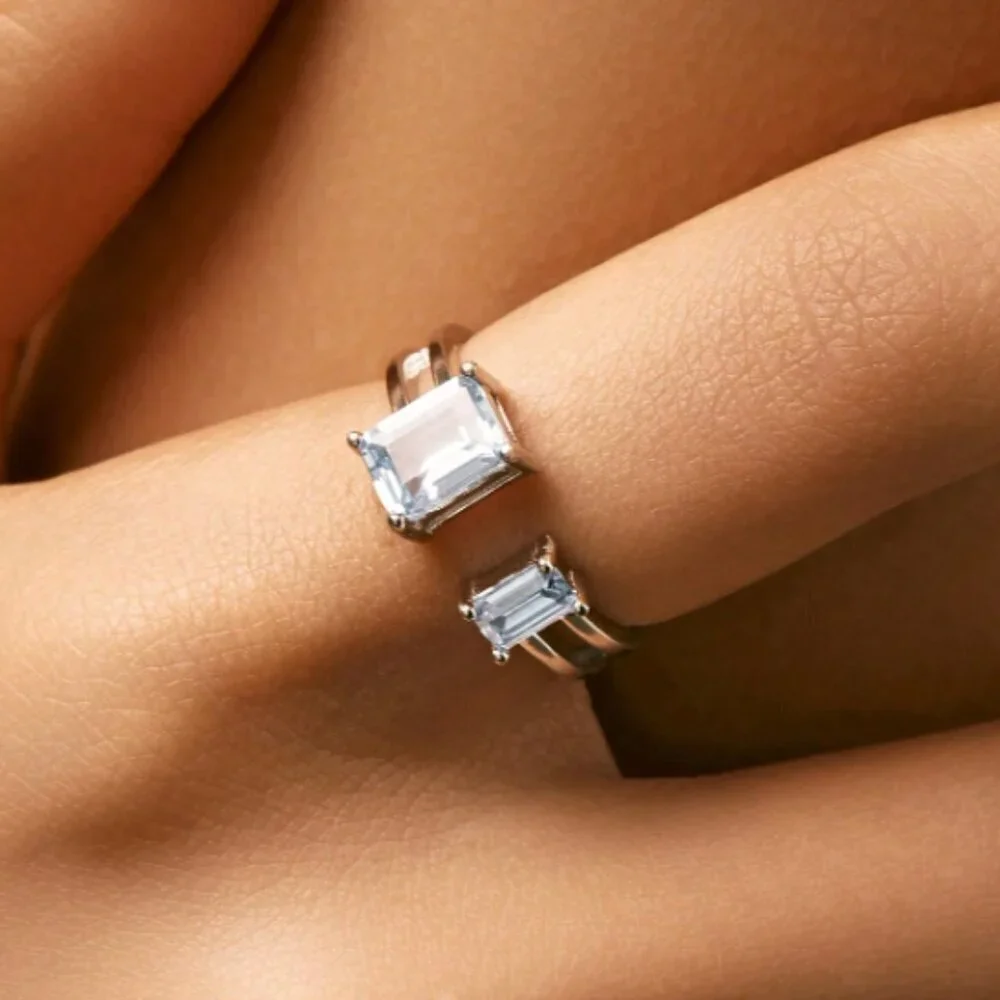 925 Silver Emerald Cut CZ Ring Stone Light Blue Cuff Ring Modern Sz 6 - 9